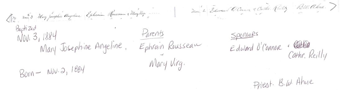 1884 Baptismal Entry for Mary Josephine Rousseau